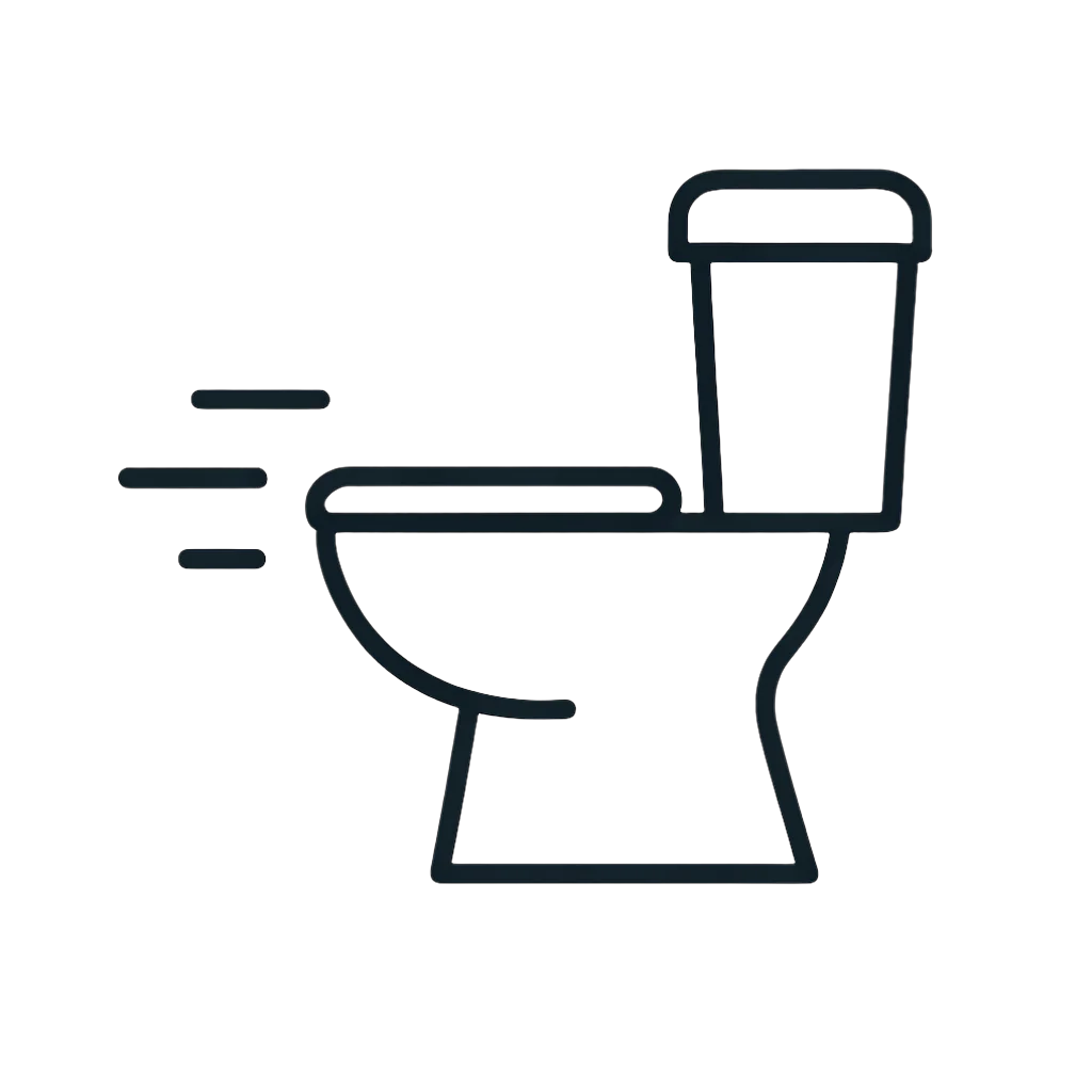 Line drawing of a toilet with water flowing from the tank.
