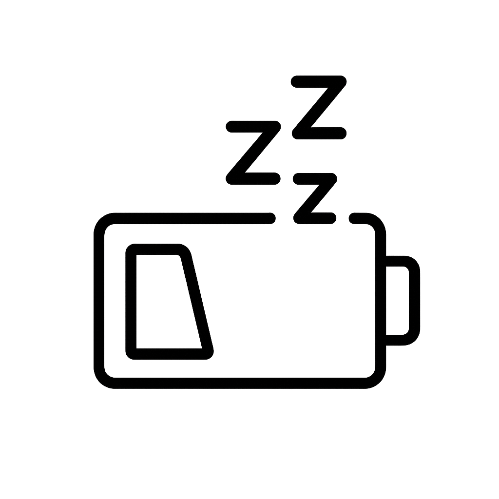 Black outline of a battery with 'Zzz' symbols on a white background