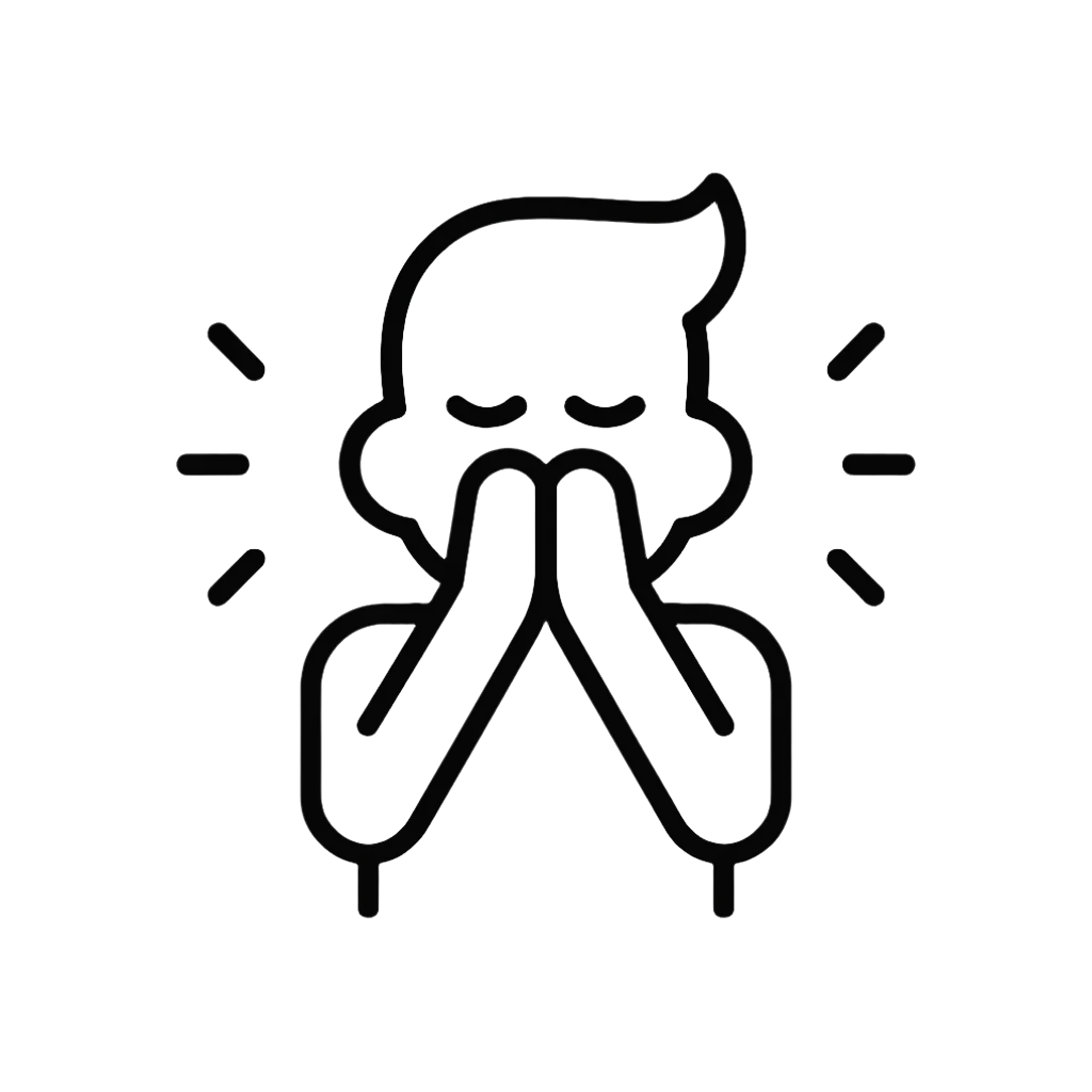 Black line drawing of a person with their hands over their mouth to illustrate nausea.