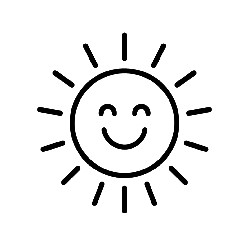 Black outline of a sun with a smiling face on a white background