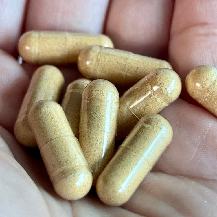 Hand holding a pile of Symptoguard capsules